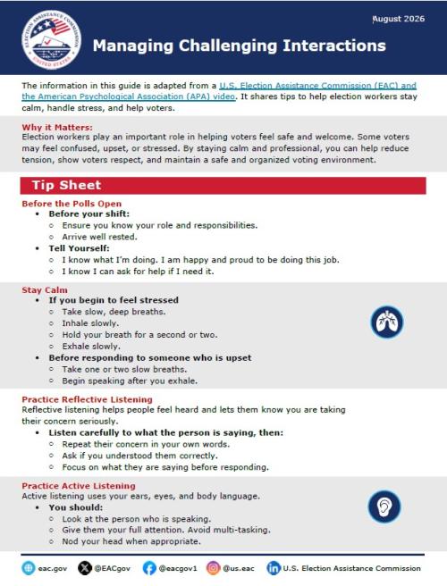 Preview of the Managing Challenging Interactions tip sheet for election workers.