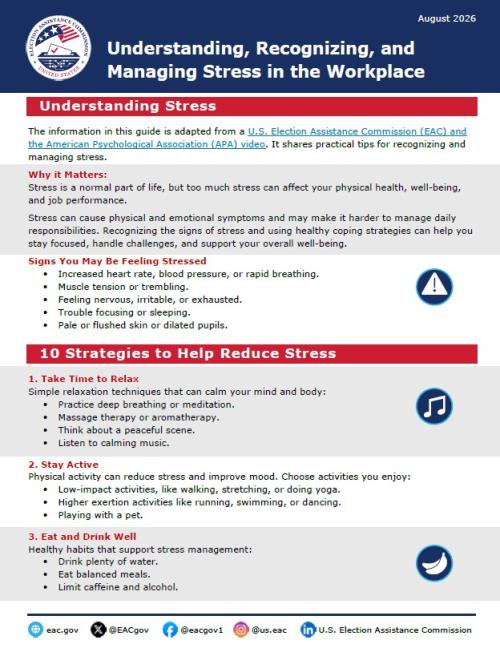 Preview of the Understanding, Recognizing, and Managing Stress in the Workplace guide for election officials.