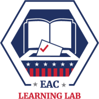 Image of an open book behind a ballot box and a ballot with a red check mark entering the box. "EAC Learning Lab"