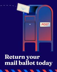 Dark navy background with an illustrated red-white-and-blue corner mailbox in the upper portion. An airmail envelope arcs into the mail slot along a dashed line. Bold white serif text below reads "Return your mail ballot today," with red and blue diagonal stripes along the bottom edge.