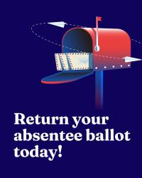 Dark navy background with a red-and-blue gradient mailbox in the upper portion, its door open and two airmail envelopes inside. Two paper airplanes circle the mailbox along a dashed orbit. Bold white serif text below reads "Return your absentee ballot today!"