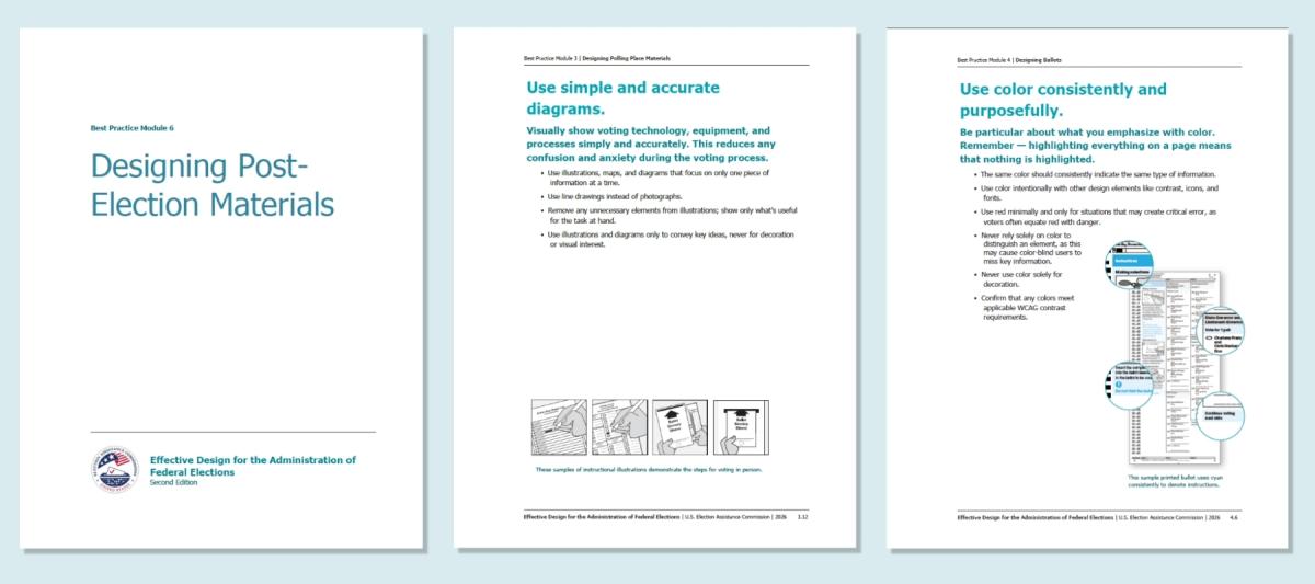 3 white floating resource pages sit side by side. The first reads "Designing Post-Election Materials" in bold green text and the other two have green and black text with 2 illustrations.