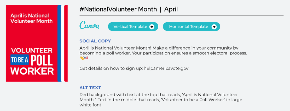 Screenshot of the April is National Volunteer Month template. Including links to Canva's Vertical and Horizonal template social copy and alt text.&nbsp;