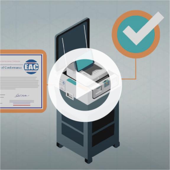 EAC document of certification with a graphic of a voting machine and a check mark. 