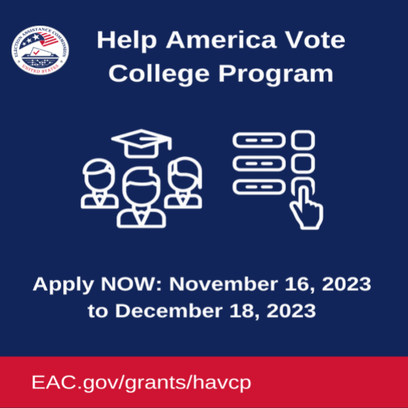 EAC seal in top left. Graphic of college students and hand choosing checklist options. Text reads "Help America Vote College Program. Colleges and universities, nonprofits, and election offices can apply for funding to recruit and train college poll workers. Find out more at eac.gov/grants/havcp."