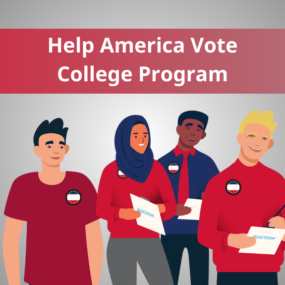 "Help America Vote College Program" Graphic of four college students working as poll workers.