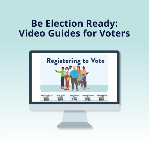 Alt. Text: A light blue white gradient background fills the frame. Top center in bold blue font reads "Be Election Ready: Video Guides for Voters". Below centered is a computer screen with an image of an EAC video resource titled "Registering to Vote". Bottom left is the EAC logo.