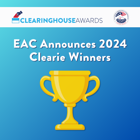 "Clearinghouse Awards. EAC announces 2024 Clearie Winners." Graphic of trophy. EAC seal. 