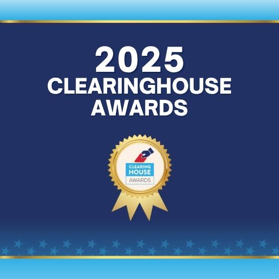 Graphic reading “2025 Clearinghouse Awards” above a gold award ribbon and seal on a blue background with stars and gold borders.