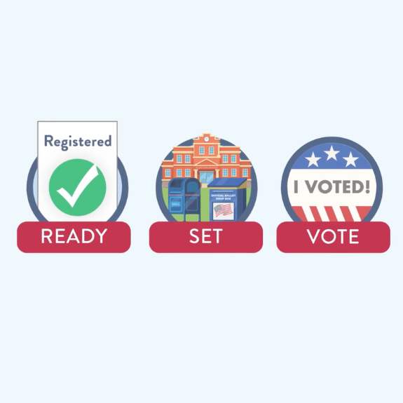 Ready (with a paper that says "registered" and check mark), Set (with a mail box, election office, and drop box image), Vote (with an "I Voted" sticker). 