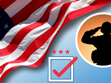 Image shows a soldier soluting, an American flag, and a voting check box.