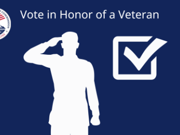 EAC seal on top left. Saluting military member and checkmark. Text reads "Vote in Honor of a Veteran"