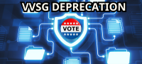 Text in white type along the top of the image reads "VVSG Deprecation." Below that is a red white and blue badge with the text "Vote" across the middle. This is all on a blue and black background.