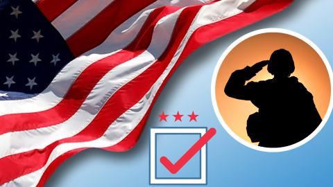 Image shows a soldier soluting, an American flag, and a voting check box.