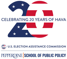 Logo with large red white and blue 20 and "Celebrating 20 Years of HAVA" in the center. Second row has the EAC seal and "U.S. Election Assistance Commission. Third row has "Pepperdine School of Public Policy."